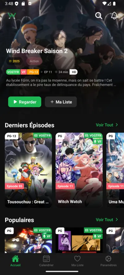 Interface WawAnime Anime App sur mobile - Regarder Anime VF et VOSTFR